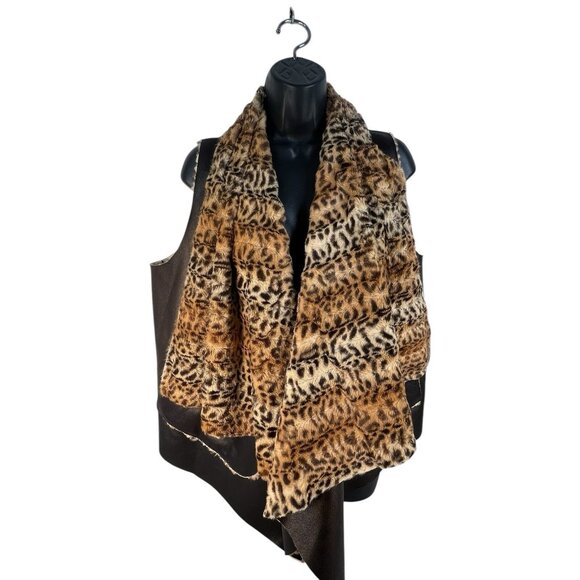 Dolce Cabo Women's faux brown leather/faux fur‎ leopard drape vest L - Picture 3 of 10
